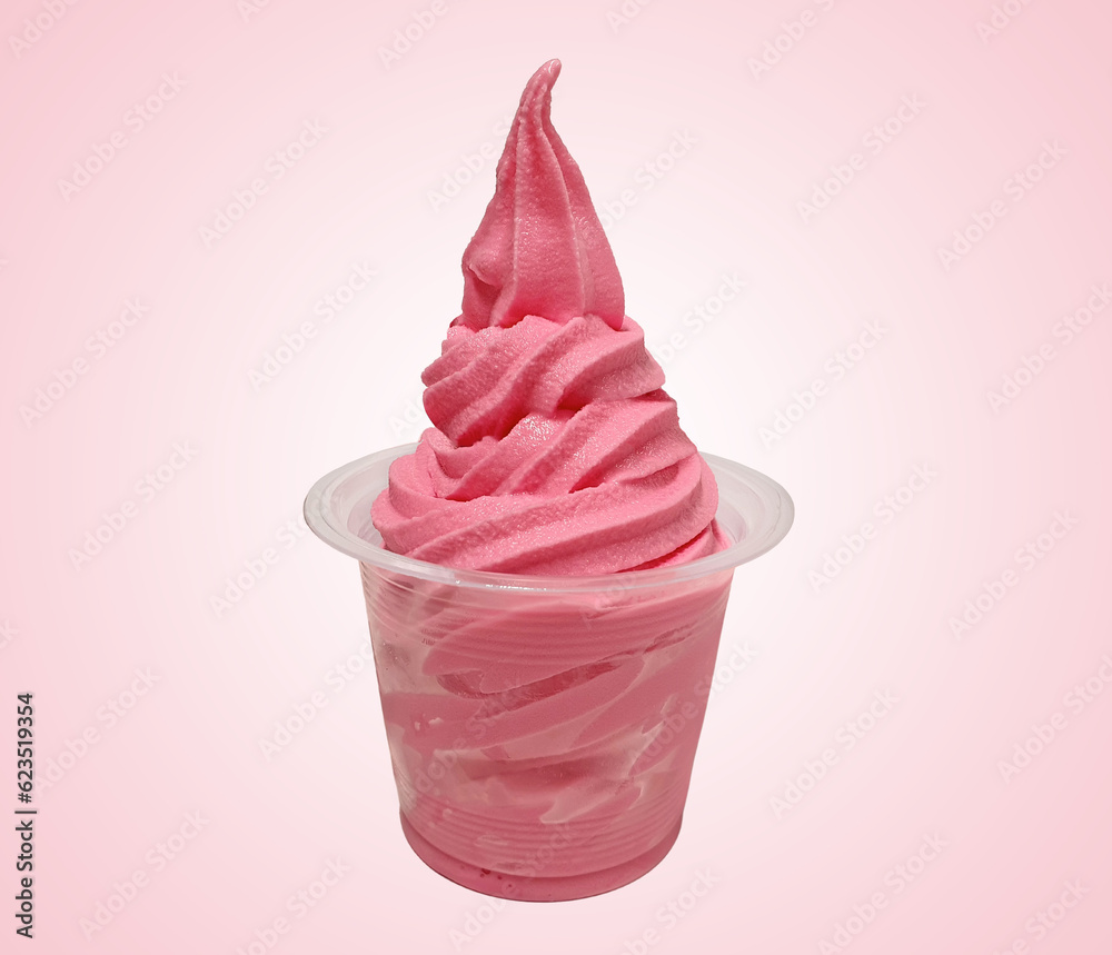 Soft serve Strawberry ice cream swirl in a transparent plastic cup ...