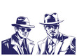 Gangsters or detectives in a hat and sun glasses vector illustration, black and white spy man, mafia on comic or pop art style, Generative AI, clean vectorize