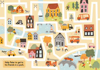 Children maze illustrated. Vector labyrinth with town symbols, cars, houses, buildings, trees, streets. City easy simple drawing map.