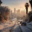 Downtown Los Angeles in winter covered with snow.