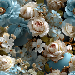 Poster - Blue and grey 3d flower design seamless background, AI generative.