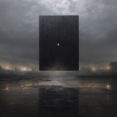 futuristic geometric alien structure floating above a road in a city at night
