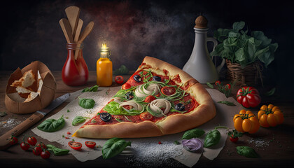 Wall Mural - Delicious Pizza Calzone. Fresh basil, italian calzone vegetarian pizza - Generative AI