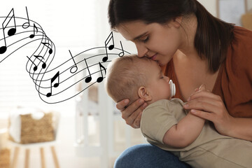 Wall Mural - Mother singing lullaby to her baby at home. Illustration of flying music notes around child