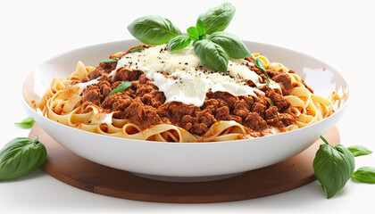 Wall Mural - Pasta spaghetti bolognese with minced beef sauce, tomatoes, parmesan cheese and fresh basil in a plate on white table. Italian food - Generative AI