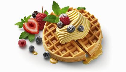 Wall Mural - Waffles with sauce, ice cream and strawberries isolated on white background - Generative AI