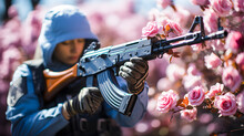 Woman Soldier In War With Gun In Hand With Flowers And Roses In Background. World Peace Day. No To War.