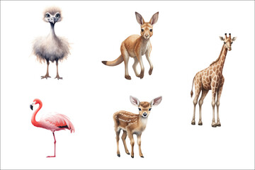 Wall Mural - Set ?ute baby funny animals ostrich, flamingo, kangaroo, giraffe, deer in watercolor style. Flat vector illustrations isolated on white background