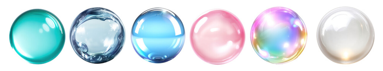 Wall Mural - Set of realistic transparent colorful soap bubbles with rainbow reflection isolated on transparent background