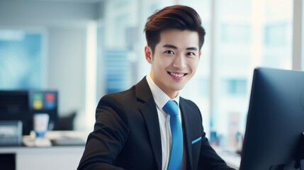 Wall Mural - Asian male with a happy smile on his face, wearing a formal black suit, working in an office background