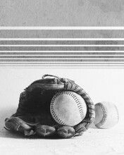 Modern Retro Baseball Art As Vertical Image With Old Used Ball And Gloves In Black And White With Stripes On Background.