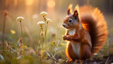 Fototapeta Zwierzęta - Cute squirrel and beautiful flowers in the garden. AI generated