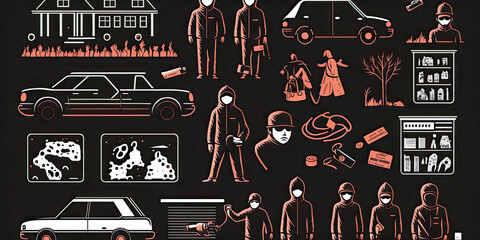 Pictogram depicts various criminal activities and criminals - Generative AI