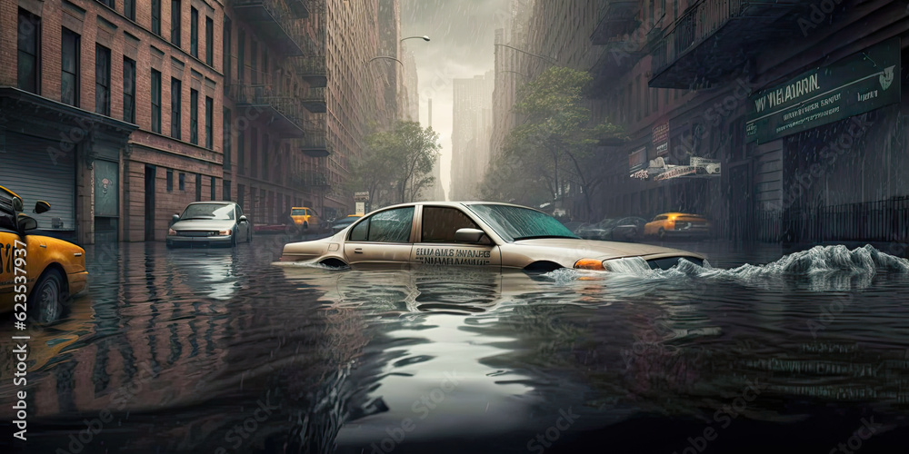 Flooding in New York City, with cars submerged and emergency vehicles ...