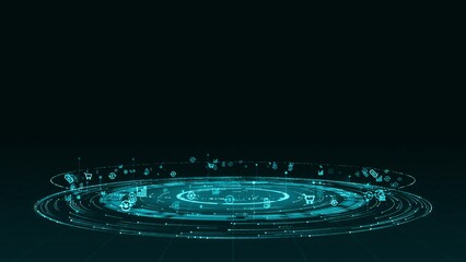 Poster - motion graphic of blue digital particle ring circle rotation with ai technology icon on futuristic a