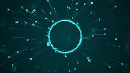 Poster - motion graphic of blue digital particle ring rotation around logo with money icon spread and line li
