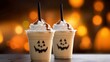 © tanchy25 - Halloweens milk cocktail with whipped cream cups on party background, ai generated