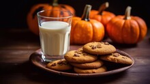 Halloween pumpkins cookies in plate near milk glass on dark background. AI generated