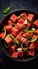 Wall Mural - Close up of  Watermelon salad on dark background. Top view. AI generated