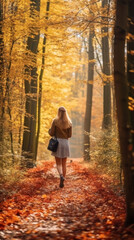 A young woman walks along a path through the forest on a sunny autumn day. Generative AI.