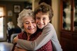 young grandson hugs his old grandmother at home. blurred background. Generative AI