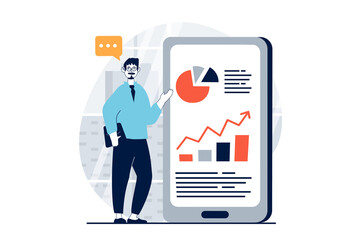 Poster - Data science concept with people scene in flat design for web. Man works with charts and graphs, researching information in mobile app. Illustration for social media banner, marketing material.