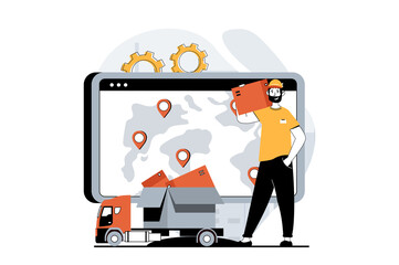 Leinwandbilder - Delivery service concept with people scene in flat design for web. Global logistics, postal services and transportation around world. Illustration for social media banner, marketing material.
