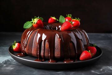 Chocolate bundt cake with fresh strawberries on a dark background