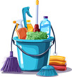 ?leaning equipment, a bucket of water, a mop, detergents, isolated on a white background, vector illustration.
