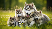 Husky Dog Mum With Puppies Playing On A Green Meadow Land, Cute Dog Puppies 