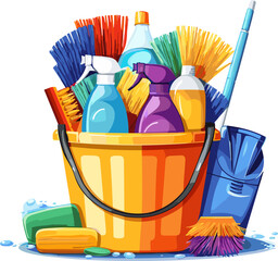 ?leaning equipment, a bucket of water, a mop, detergents, isolated on a white background, vector illustration.