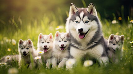 Husky dog mum with puppies playing on a green meadow land, cute dog puppies 