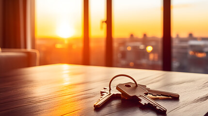 keys on the table in new apartment against the background of sunset and large windows. mortgage, inv