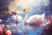 two swans are looking for food in the river,anime style