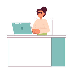 Poster - serious caucasian woman sitting at desk 2d vector isolated spot illustration. woman typing on laptop