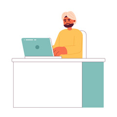 Fototapete - Indian man in turban typing on laptop 2D vector isolated spot illustration. Busy man typing on laptop flat character on white background. Office work colorful editable scene
