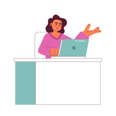 Poster - busy hispanic woman working on laptop 2d vector isolated spot illustration. attractive office flat c