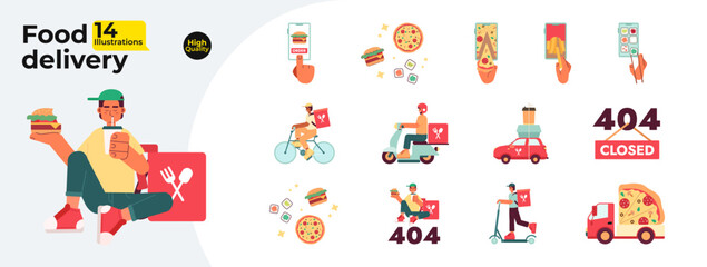 Poster - food delivery flat concept vector spot illustrations bundle. courier deliver food from restaurant 2d
