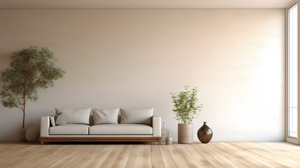 Minimalist living room interior with wooden floor, decor on a large wall.