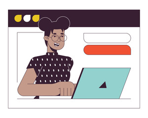 Poster - Black woman on web meeting flat line concept vector spot illustration. African american woman laptop 2D cartoon outline character on white for web UI design. Editable isolated color hero image