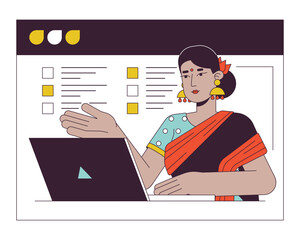 Poster - Hindu woman on web conferencing flat line concept vector spot illustration. Indian lady in online screen 2D cartoon outline character on white for web UI design. Editable isolated color hero image