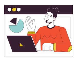 Poster - Office man in online meeting screen flat line concept vector spot illustration. Male remote employee 2D cartoon outline character on white for web UI design. Editable isolated color hero image