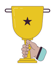 Poster - Holding trophy cup flat line concept vector spot illustration. Trophy 1st place 2D cartoon outline hand on white for web UI design. Winner prize. Celebration winner editable isolated color hero image