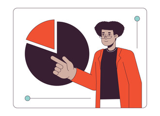 Poster - Eyeglasses latino man with pie chart flat line concept vector spot illustration. Latinamerican entrepreneur 2D cartoon outline character on white for web UI design. Editable isolated color hero image