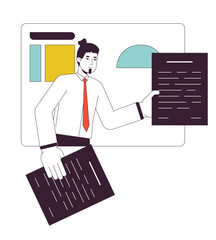 Poster - Business manager handing over papers flat line concept vector spot illustration. Team leader 2D cartoon outline character on white for web UI design. Presentation editable isolated color hero image