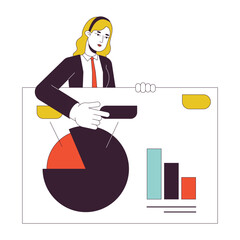 Poster - Office lady with business presentation slide flat line concept vector spot illustration. Analytics expert 2D cartoon outline character on white for web UI design. Editable isolated color hero image
