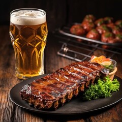 Wall Mural - Glass of beer and grilled pork ribs with rosemary on a wooden board. Copy space. Generative AI