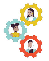 Poster - Teamwork gears flat line concept vector spot illustration. Women business diverse 2D cartoon outline characters on white for web UI design. Collaboration cog wheels editable isolated color hero image