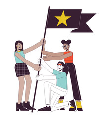Poster - Businesspeople flag flat line concept vector spot illustration. Team building fun coworkers 2D cartoon outline characters on white for web UI design. Colleagues editable isolated color hero image