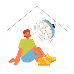 Fototapete - Man sitting under ceiling fan at home semi flat color vector character. Cool down heat in apartment. Editable full body person on white. Simple cartoon spot illustration for web graphic design